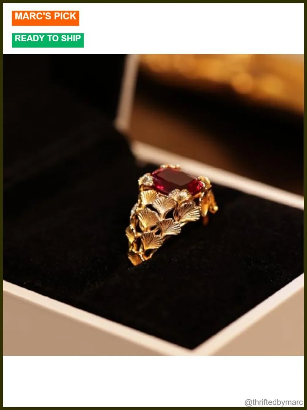 Ginkgo Leaf Lab Grown Ruby Ring 24K Gold Plated Sterling Silver